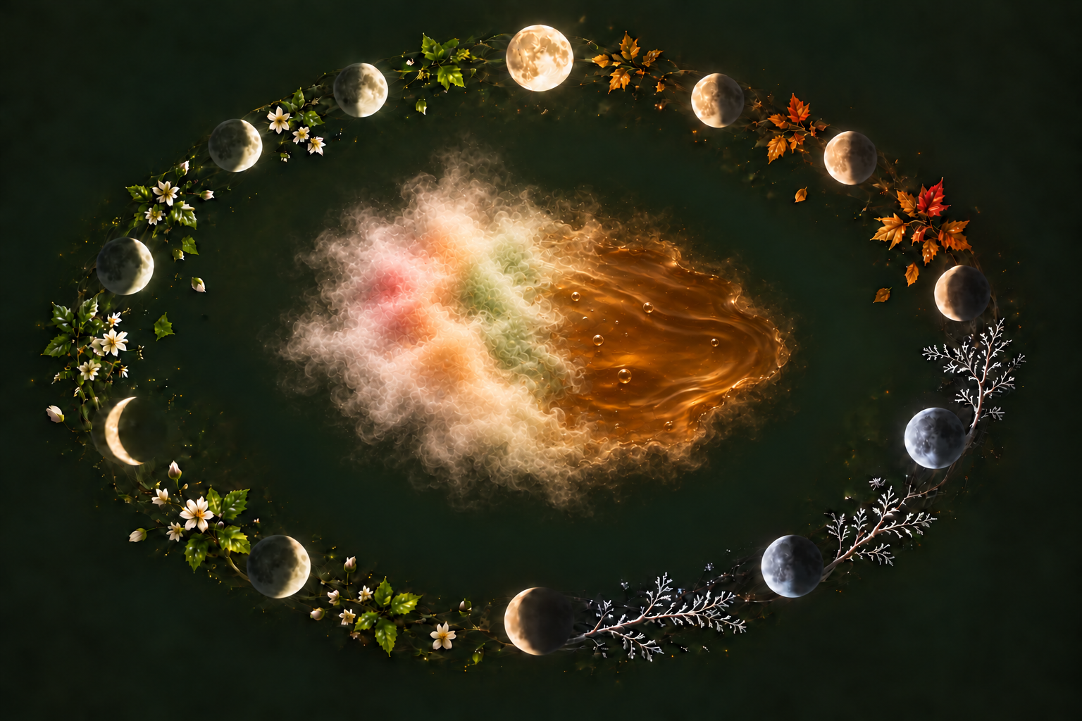 A symbolic image of fermentation and maturation: a soft cloud carrying plant colors gradually becomes amber liquid within a cycle of moon phases and seasons