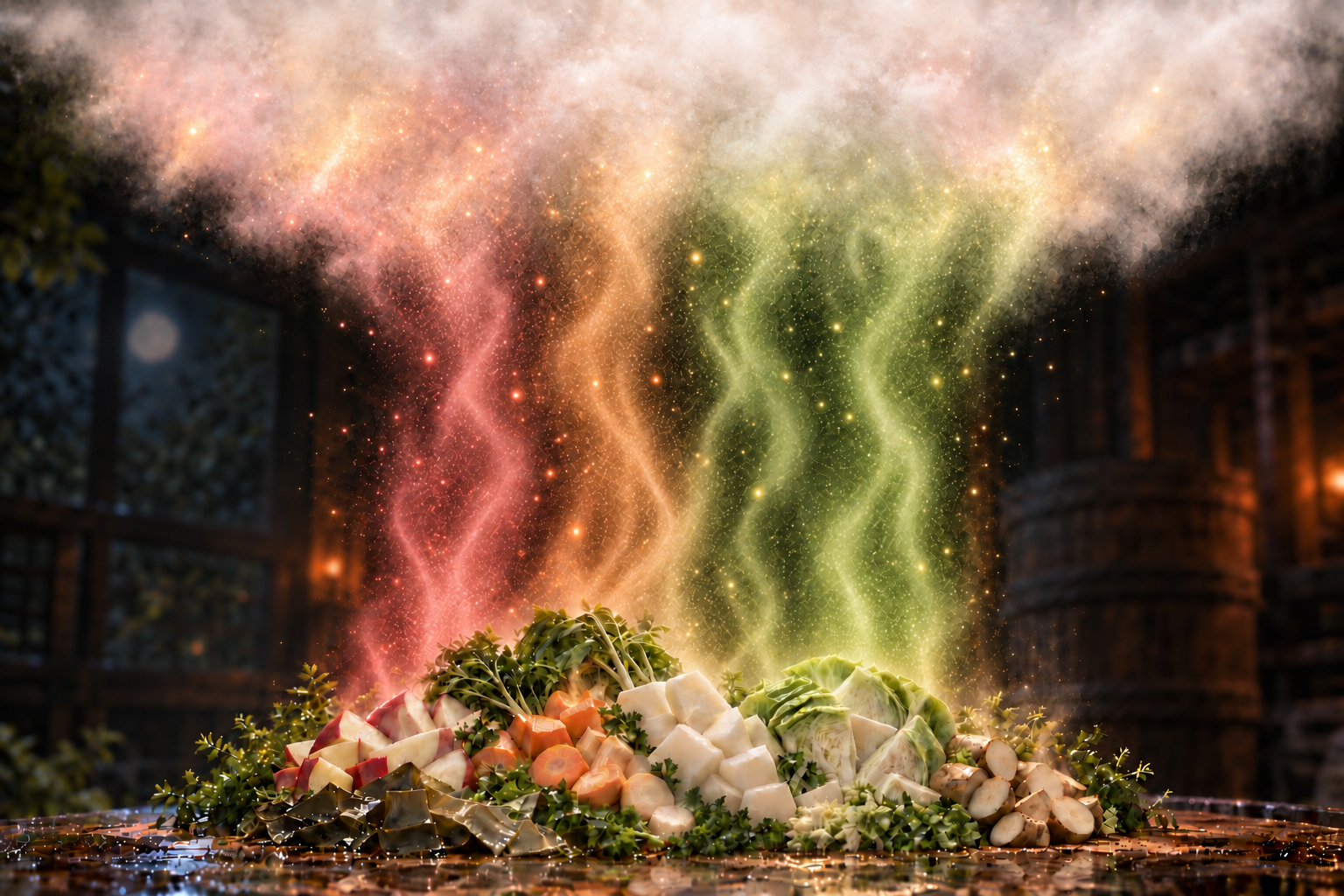 A symbolic scene of gently wavering fragrance rising from vegetables and fruit into a soft, cloudlike canopy of white sugar