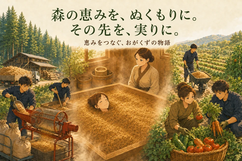 森の恵みを、ぬくもりに。その先を、実りに。おがくずの準備、入浴、畑での活用を描いたイラスト