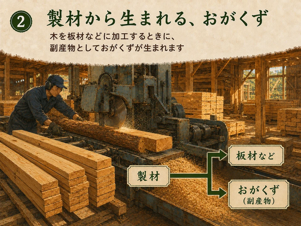 製材所で板材を作る様子と、その副産物として生まれるおがくず