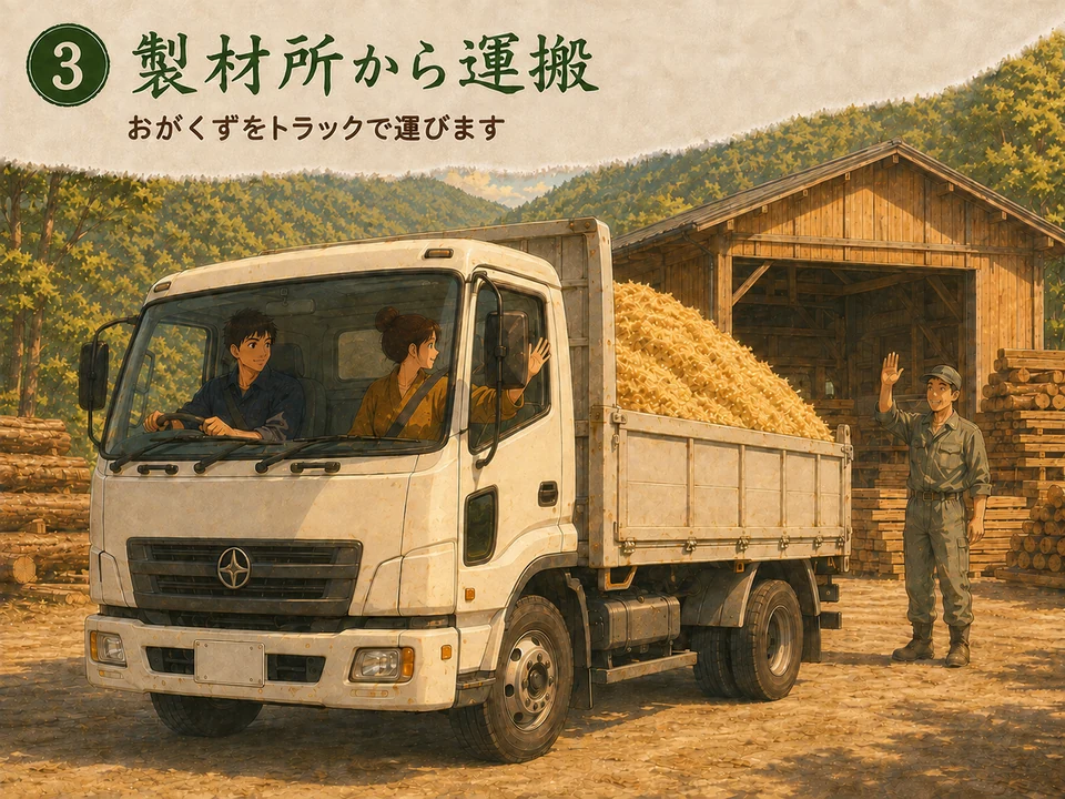 製材所の人に見送られ、男女がトラックでおがくずを運ぶ様子