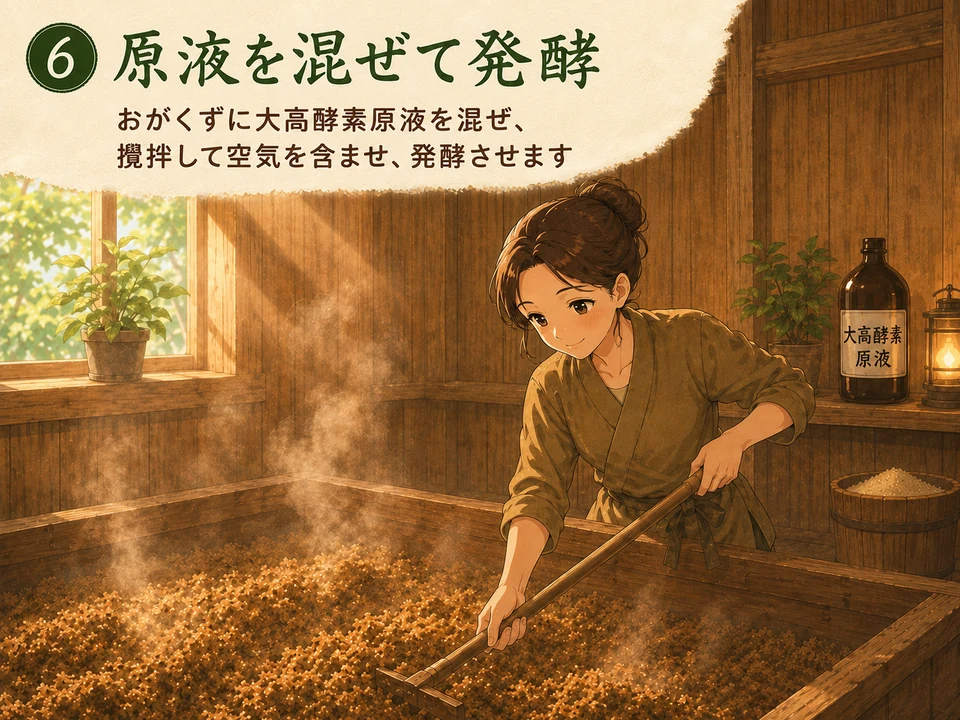 原液を混ぜたおがくずを攪拌する様子