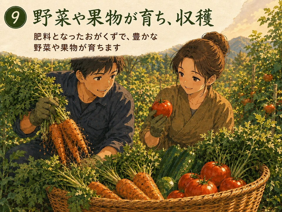 畑で育った野菜や果物を収穫する男女